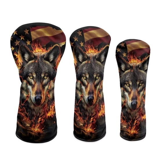 Uorisanigo Golf Club Headcovers Set for Driver, Fairway Woods and Hybrids, 3pcs Fire Wolf American Flag Golf Club Head Covers - Driver Fairway Wood Hybrid Cover Wood Head Cover
