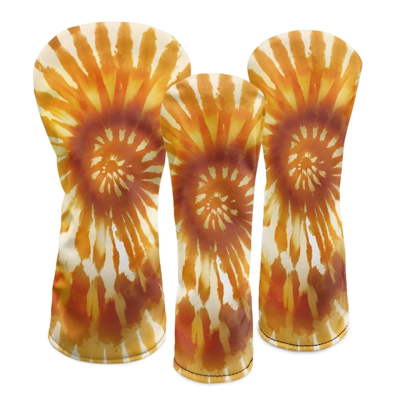 Uorisanigo Golf Head Covers 3PCS, Headcover Set for Driver/Fairway Wood/Hybrid, PU Leather Orange Tie-Dye Print Golf Club Head Covers with Soft Lining for Extra Club Protection