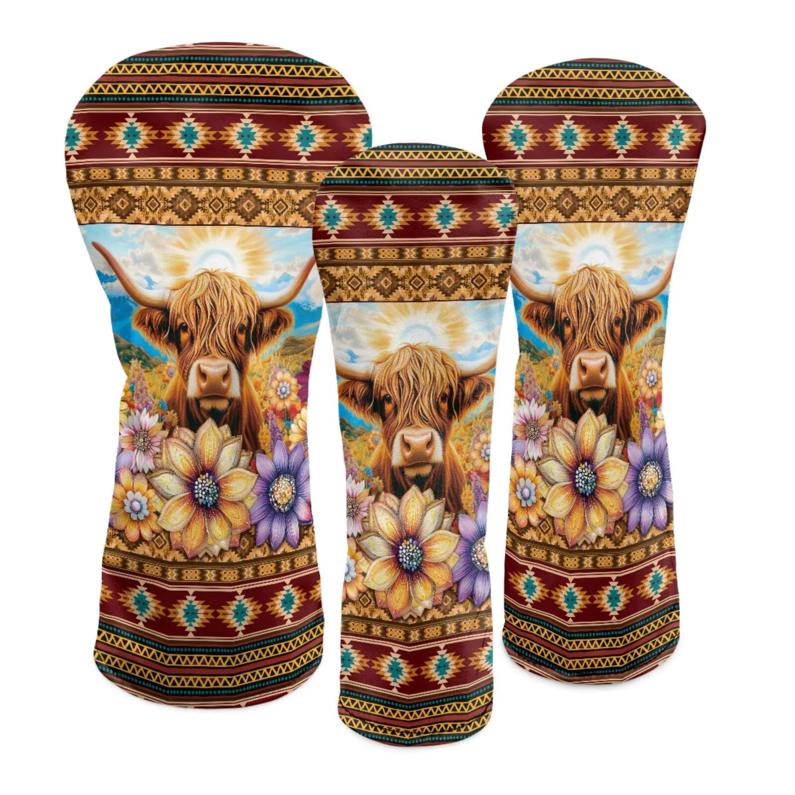 Uorisanigo Golf Headcovers Premium Leather Driver Cover Fariway Wood Headcover Hybrid Head Covers, Waterproof Elastic Ethnic Highland Cow Aztec Golf Club Head Covers Accessories, 3 Pcs