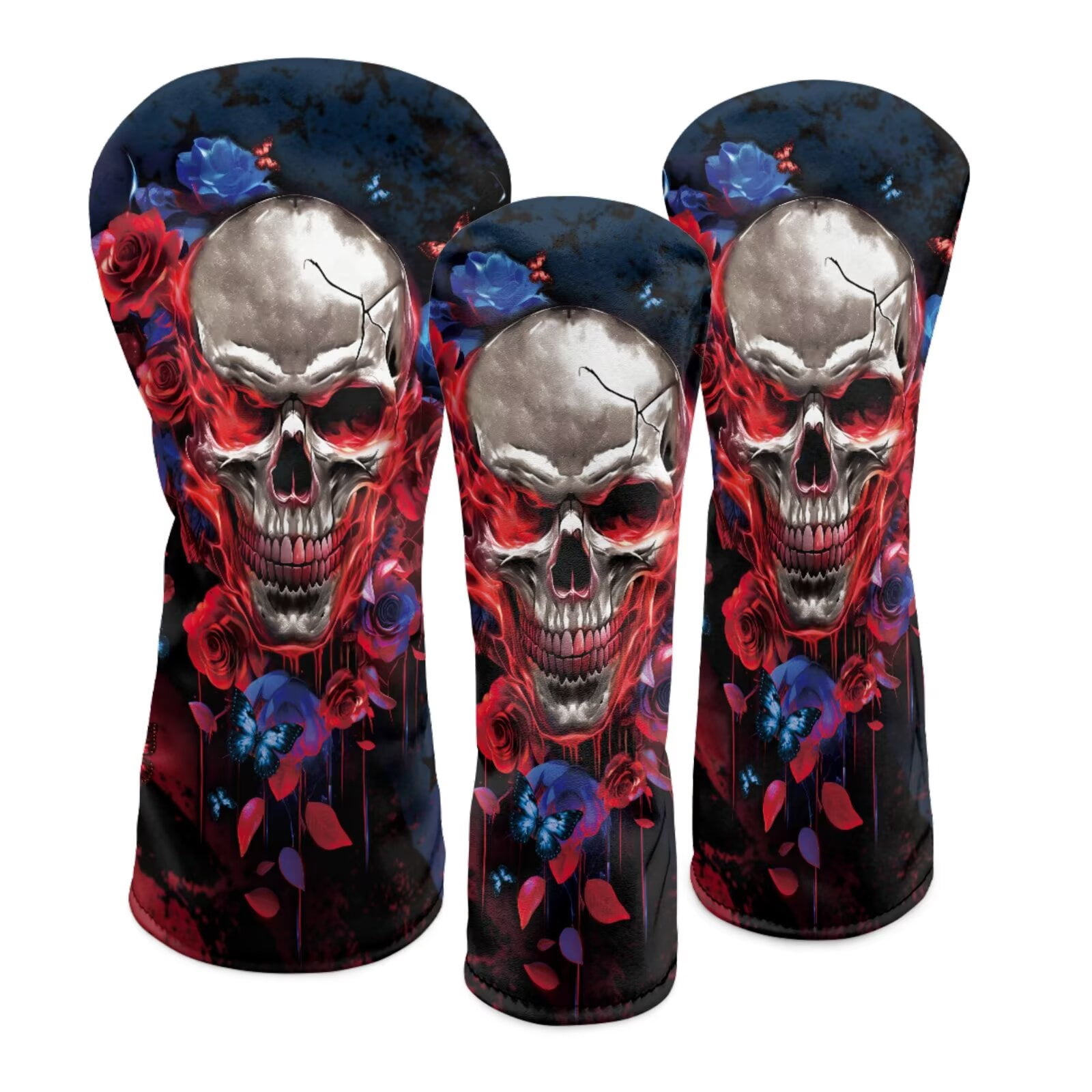 Uorisanigo Golf Headcovers Set Accessories, 3pcs Blue Butterfly Rose Skull Golf Club Head Covers - Golfs Driver Headcover, Fairway Wood Cover, Hybrid Cover - Headcovers for Club Protective
