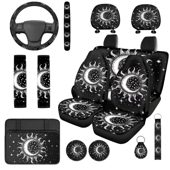 Uorisanigo Gothic Moon 14 Pcs Car Seat Covers Full Set Steering Wheel Cover Auto Console Cover Cars Headrest Cover Auto Seat Belt Cover Cars Water Cup Coaster Elastic Universal Fit Car SUV