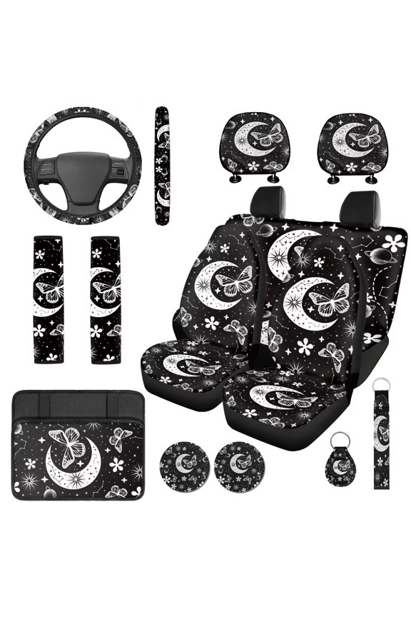Gothic Moon Butterfly Auto Seat Cover Set 14 Pcs with Comfortable Elastic Car Headrest Cover Center Console Cover and Steering Wheel Cover Seat Belt Pads Keychain Fit for Car SUV