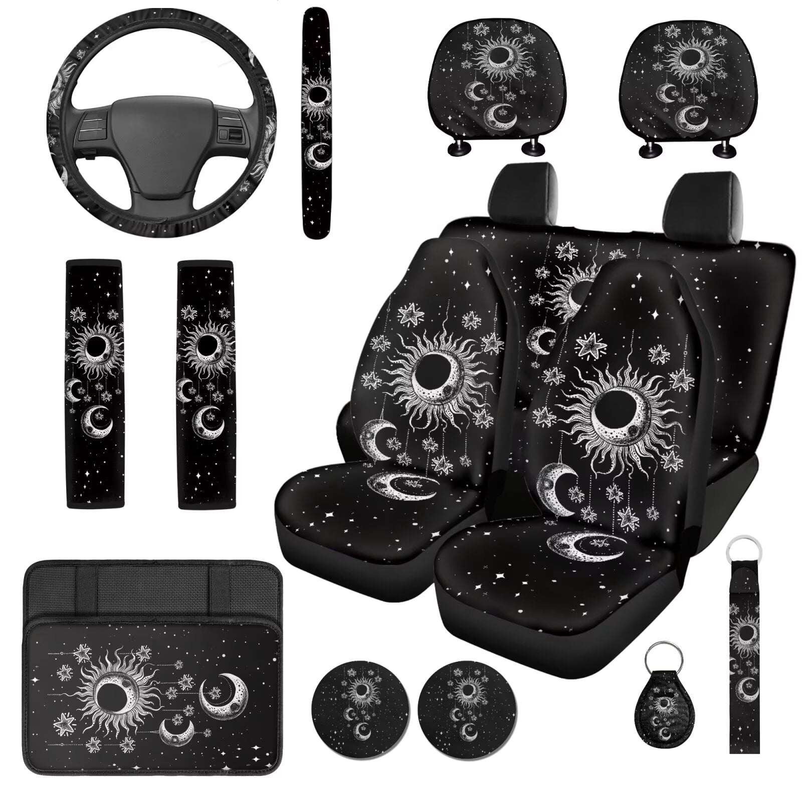 Uorisanigo Gothic Moon Car Seat Covers Set 14 Pcs with Cars Headrest Cover and Steering Wheel Accessories Armrest Cover Auto Seat Belt Pads and Water Cup Pad Personalized Fit for Car SUV