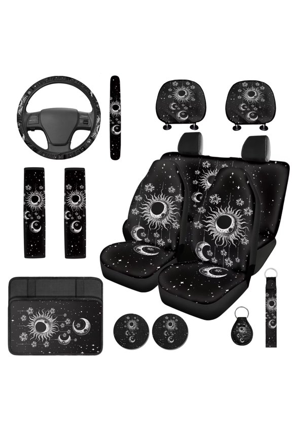 Gothic Moon Car Seat Covers Set 14 Pcs with Cars Headrest Cover and Steering Wheel Accessories Armrest Cover Auto Seat Belt Pads and Water Cup Pad Personalized Fit for Car SUV