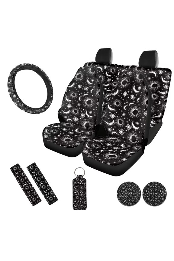 Gothic Moon Sun 10 Pcs Cars Seat Covers with Comfortable Soft Car Steering Wheel Cover Cars Seat Belt Cover and Auto Water Cup Coaster Chapstick Holder Universal Fit for Car SUV