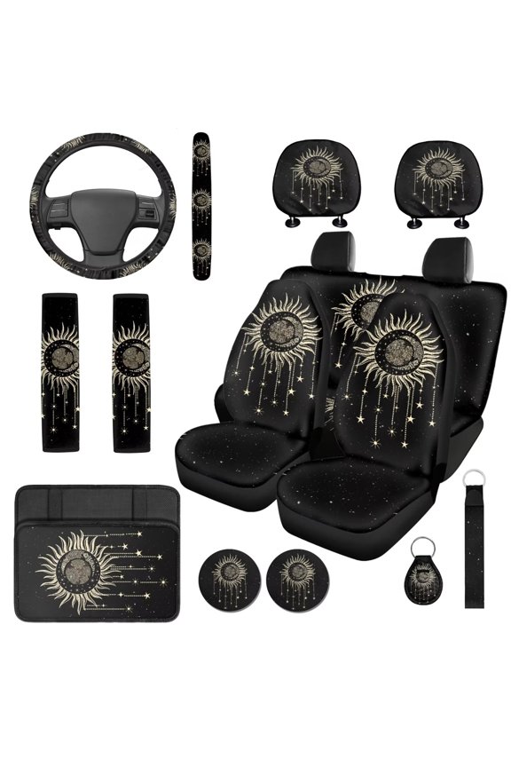 Gothic Sun 14 Pieces Car Seat Covers Sets with Car Steering Wheel Cover and Seat Belt Pads Cars Headrest Cover Water Cup Pad Auto Console Cover Comfortable Elastic for Cars SUVs