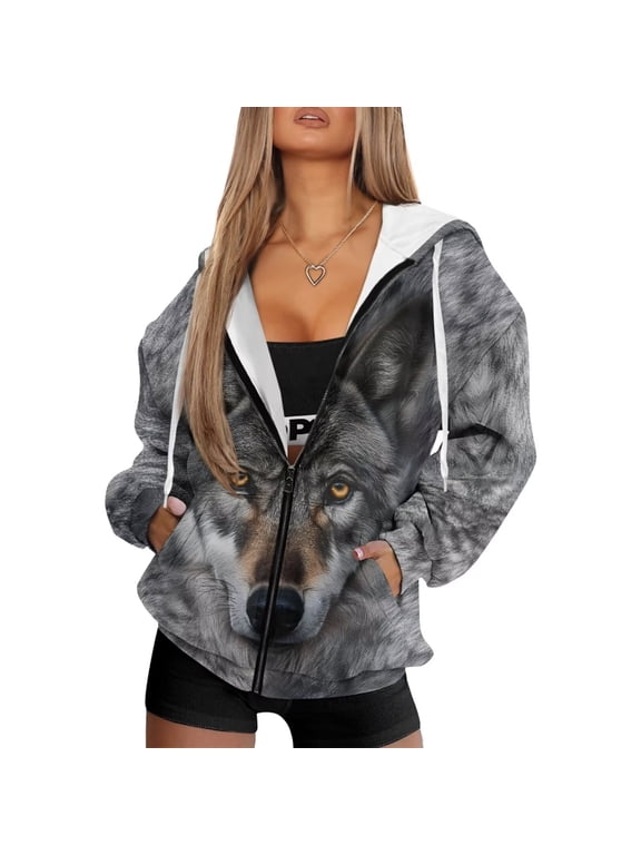 Gray Wolf Womens Full Zip Up Hoodies Casual Warm Long Sleeve Hooded Sweatshirts Size 4XL Slight Stretch Oversized Fall Trendy Outfits