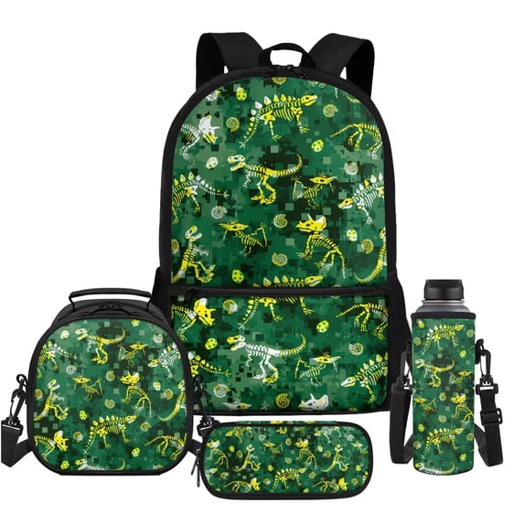 Uorisanigo Green Dinosaur Backpack for Boys 4PCS Primary Middle School Bookbag Set with Lunch Box Pencil Pouch Water Bottle Carrier Kindergarten Kids Schoolbags Rucksack
