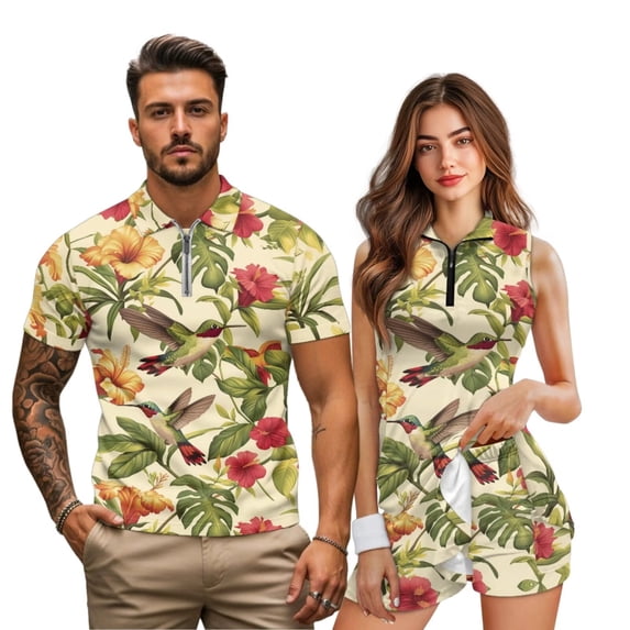 Uorisanigo Green Hummingbird Matching Couple Outfits Golf Shirts for Men 1/4 Zip Dry Fit Short Sleeve Collared Shirt Women's Sleeveless Golf Dress Built in Shorts for Tennis Workout Size XL
