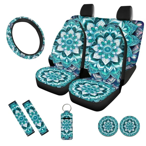 Uorisanigo Green Mandala 10 Pack Car Seat Covers Full Set with Comfortable Car Steering Wheel Cover Auto Water Cup Pad and Seat Belt Cover and Chapstick Holder Universal Fit for Cars,Suvs