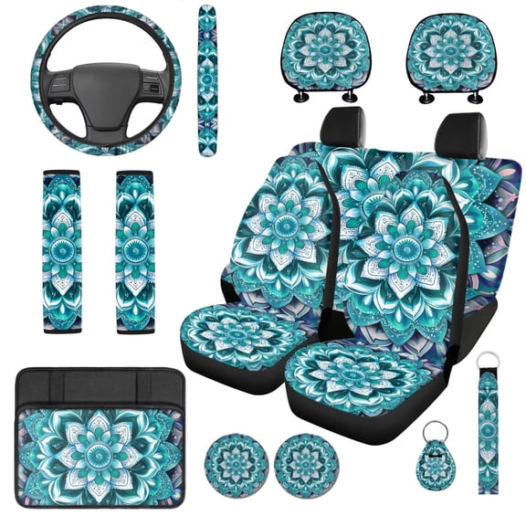 Uorisanigo Green Mandala 14 Pack Cars Seat Covers Car Steering Wheel Cover and Headrest Cover Auto Console Cover Cars Seat Belt Pad Cover and Keychain Comfortable Suitable for Car SUV