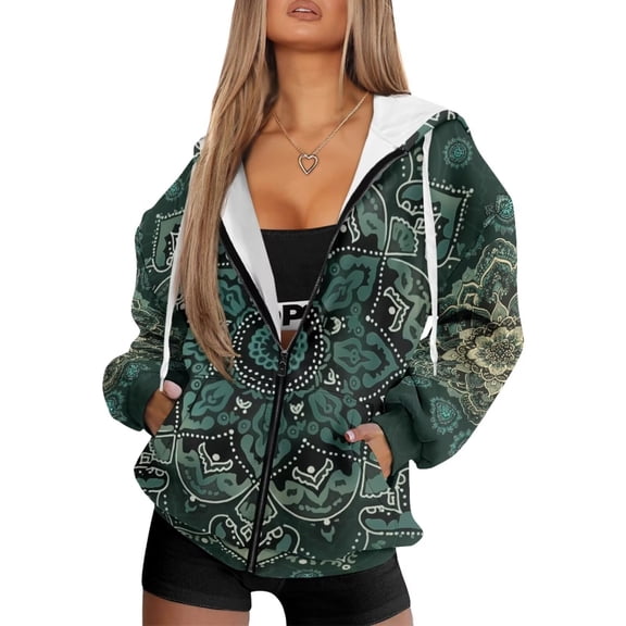 Uorisanigo Green Mandala Floral Womens Oversized Hoodies Sweatshirts Size S Slight Stretch Warm Workout Sweatshirts Polyester Loose Fall Fashion Winter Clothes