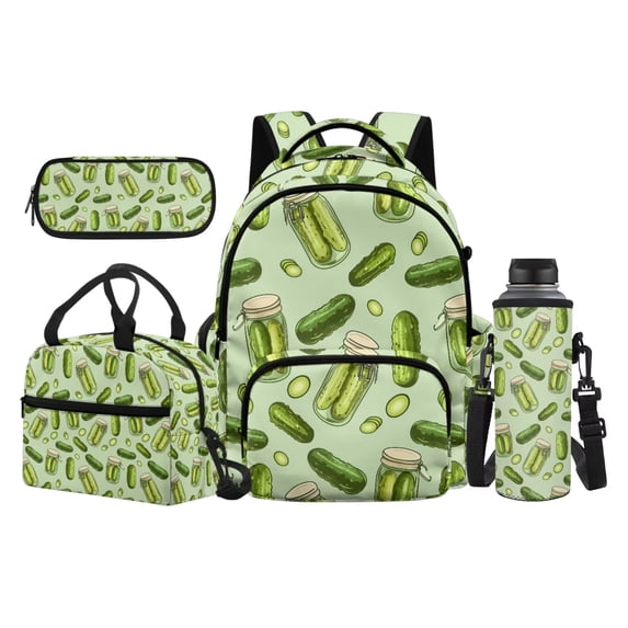 Uorisanigo Green Pickle Kids Backpack 4-Piece Travel Set, 17-Inch Rucksack with Front Pocket, Matching Lunch Bag, Water Bottle Case and Pencil Holder for Back to School