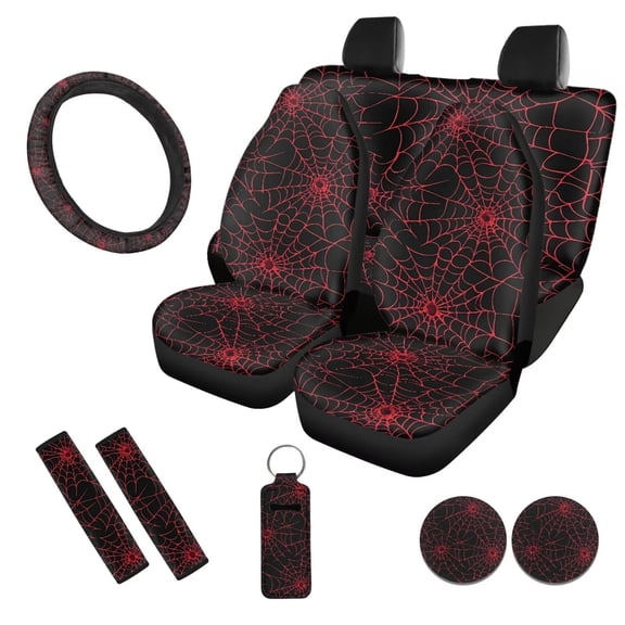 Uorisanigo Halloween Red Spider Web 10 Pack Automotive Seat Cover with Soft Elastic Steering Wheel Cover Car Water Cup Coaster Auto Seat Belt Cover Chapstick Holder Universal Fit Car SUV