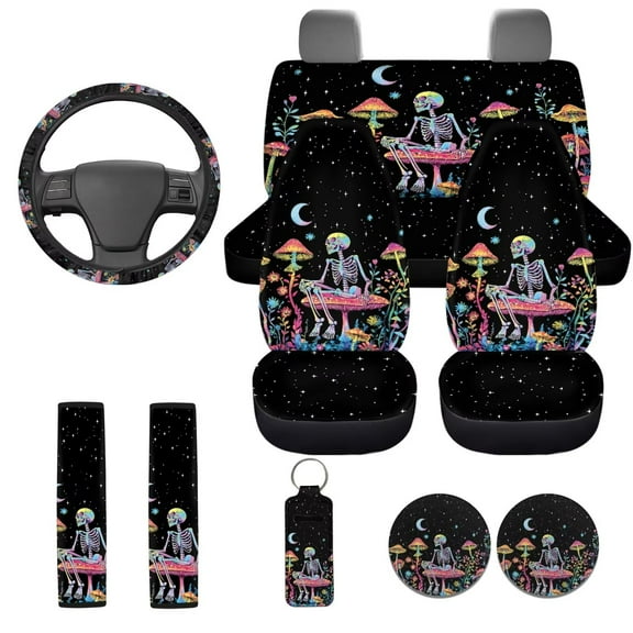 Uorisanigo Halloween Skeleton 10 Pieces Car Seat Covers with Steering Wheel Accessories and Seat Belt Pads Auto Water Cup Coaster Keychains Comfortable All-Season Protection Fit for Car SUV