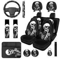 Uorisanigo Halloween Skeleton 14 Pack Car Accessories Set with Cars Seat Covers Auto Steering Wheel Accessories and Seat Belt Pads Armrest Cover and Water Cup Pad Soft Universal Fit Car SUV