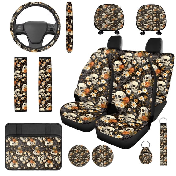 Uorisanigo Halloween Skull 14 Pcs Car Seat Covers Full Set Steering Wheel Cover Auto Console Cover and Headrest Cover Cars Seat Belt Cover Keychain Soft Easy Installation Universal Fit Car SUV