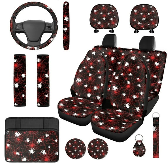 Uorisanigo Halloween Spider 14 Pieces Automotive Seat Cover Car Headrest Cover and Steering Wheel Cover Armrest Cover Car Auto Seat Belt Cover and Keychain Comfortable Elastic Fit Cars,SUVs