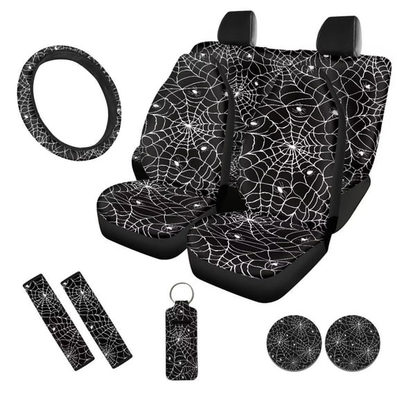 Uorisanigo Halloween Spider Web 10 Pack Auto Seat Cover Sets with Car Seat Belt Cover Cars Water Cup Coaster Auto Steering Wheel Cover Chapstick Holder Elastic Soft Auto Interior Fit Car SUV
