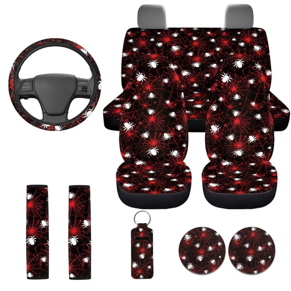 Uorisanigo Halloween Spider Webs 10 Pcs Cars Seat Covers Sets Car Steering Wheel Cover Auto Seat Belt Cover Water Cup Coaster Keychains Comfortable Anti-slip Auto Accessories for Cars SUVs