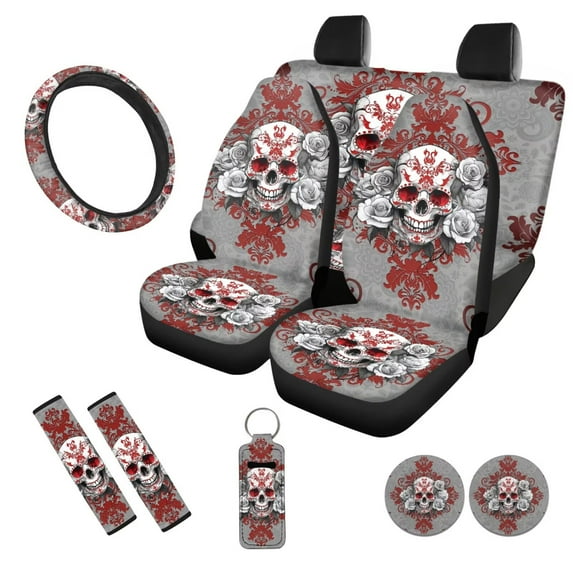 Uorisanigo Halloween Sugar Skull 10 Pack Car Accessories Set with Soft Anti-slip Car Seat Covers and Auto Steering Wheel Cover Seat Belt Pads Water Cup Coaster Keychains for Most Cars SUVs