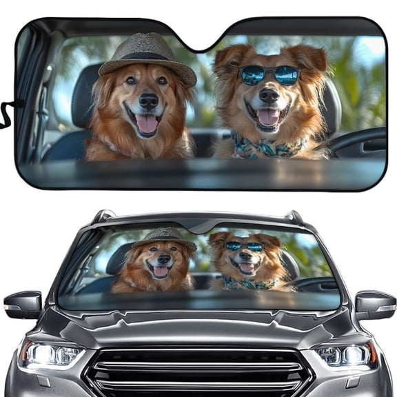 Uorisanigo Happy Dog Driving Design Windshield Shade Easy to Install Car Sun Shade for Front Windshield Portable Car Windshield Sunshade Block UV Rays and Heat Keeps Vehicle Cool