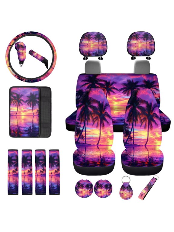 Hawaii Sunset Palm Tree Car Seat Cover for Women Full Set of 18 Pcs Includes Steering Wheel Wrap Seat Belt Cushion Headrest Shift Knob Handbrake Armrest Cover Pad Coasters Keyring
