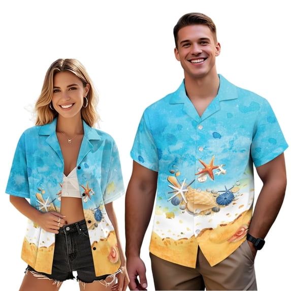 Uorisanigo Hawaiian Beach Couple Matching Outfit Husban and Wife Clothing Men's Short Sleeve Shirt Light Hawaiian Tops and Women's Button Down Shirt Casual Beach Blouse