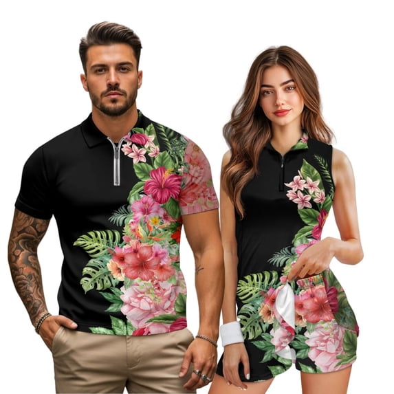 Uorisanigo Hawaiian Floral Couples' Outfits Men's Golf Shirt 1/4 Zip Quick-Dry Short Sleeve Sleeveless Collared Golf T Shirt Women's Golf Dress with Built-In Pocketed Shorts Workout Dresses