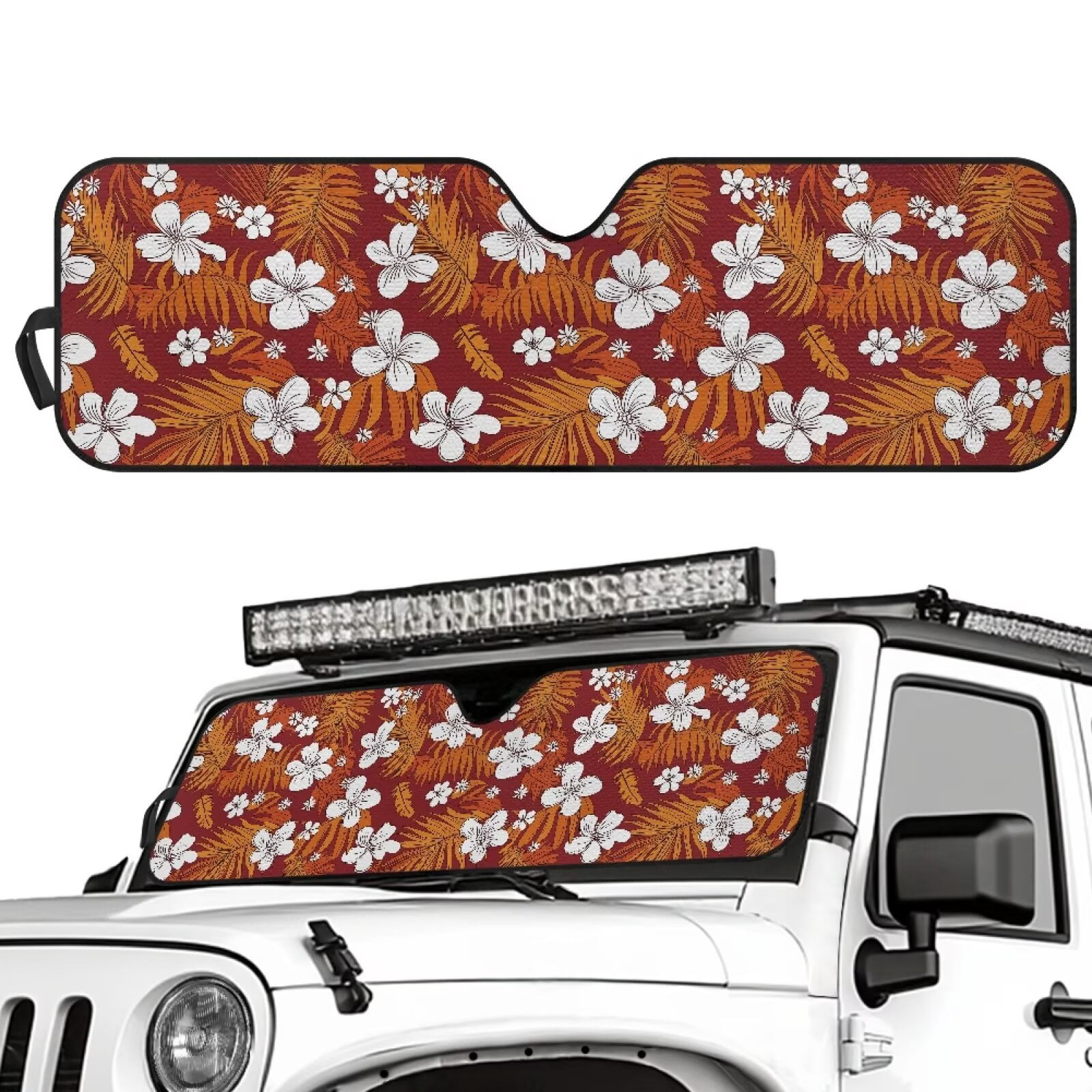 Uorisanigo Hawaiian Flowers Windshield Sunshade for Jeep Wrangler TJ JK JKU Sport Sahara Rubicon 2 Door & 4 Door Foldable Front Window Shade, Sun Visor Reflect UV Sun and Heat
