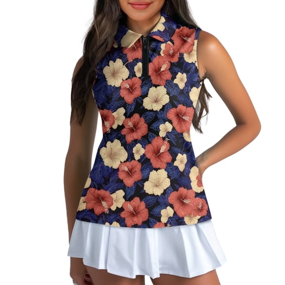 Uorisanigo Hawaiian Hibiscus Womens Golf Shirt Fashionable Zipper Neck Women's Dry-Fit Golf Polo Shirts Soft Comfortable Workout Tank Tops Size XS