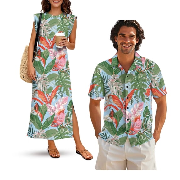 Uorisanigo Hawaiian Leaf Couple Matching Outfit Men's Short Sleeve Shirt Size 2XL Button Up Workwear Hawaiian Shirts and Women's Summer Dress Sleeveless Beach Party Sundress