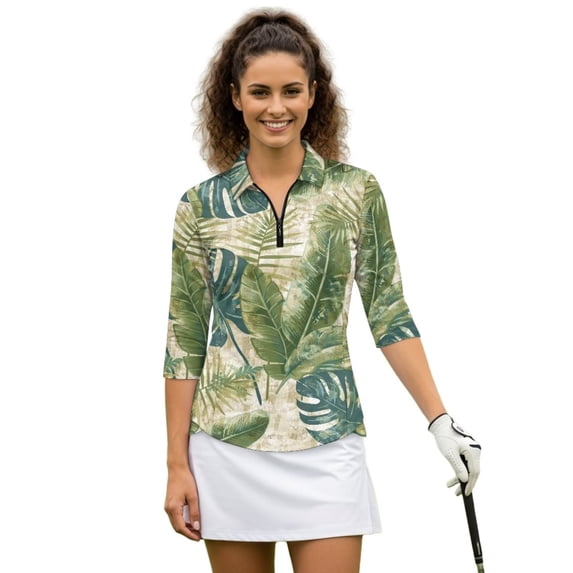 Uorisanigo Hawaiian Leaf Womens Golf Shirt Soft Washable Women's 3/4 Sleeve Golf Top with Zipper Comfortable Polyester Spandex Fabric Workout Sports Pullover Tennis Tops Size XL
