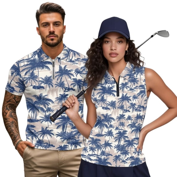 Uorisanigo Hawaiian Palm Tree Couple Matching Outfit Mens Golf Shirts Size XS Quick-Dry Short Sleeve Sports Tops and Golf Shirts for Women 1/4 Zip Up Collared Workout Tank Tops