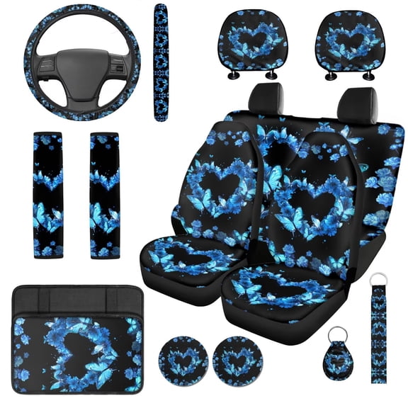 Uorisanigo Heart Butterfly Floral 14 Pack Automotive Seat Cover and Car Steering Wheel Cover Car Console Cover Auto Headrest Cover Auto Water Cup Pad Keychain Anti-slip Fit for Cars SUVs