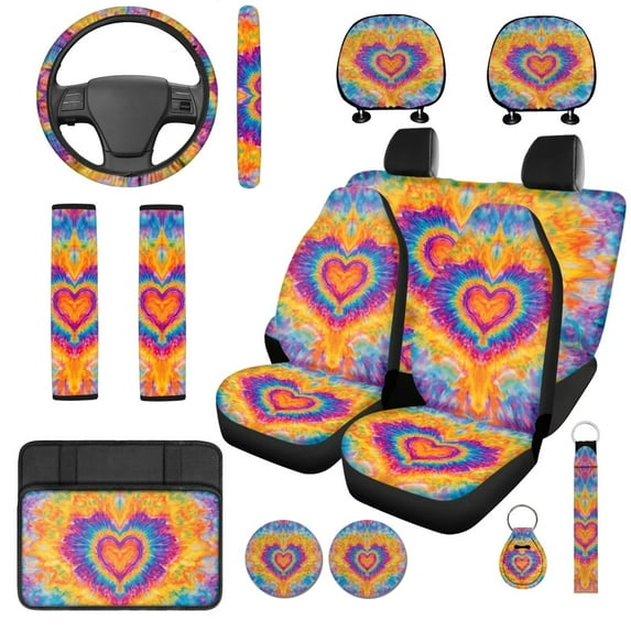 Uorisanigo Heart Tie Dye 14 Pieces Car Accessories Set with Cars Seat Covers and Steering Wheel Cover Cars Headrest Cover Water Cup Pad Auto Console Cover Keychain Soft Elastic Fit Car SUV