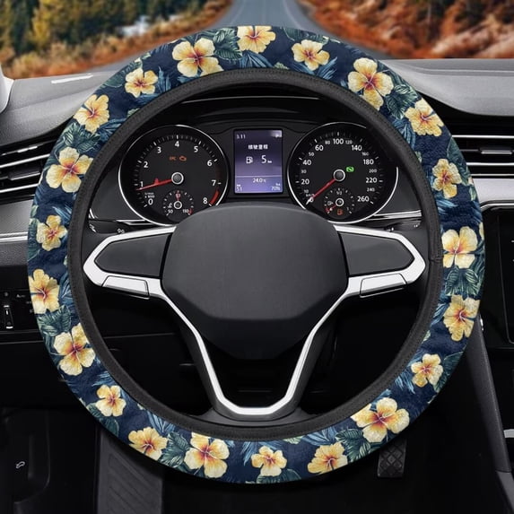 Uorisanigo Hibiscu 15 Inch Steering Wheel Cover Flower Fluffy Steering Wheel Cover with Elastic Edge Easy to Install Car Steering Wheel Protector for Winter Novelty Car Accessories Gift for Wife