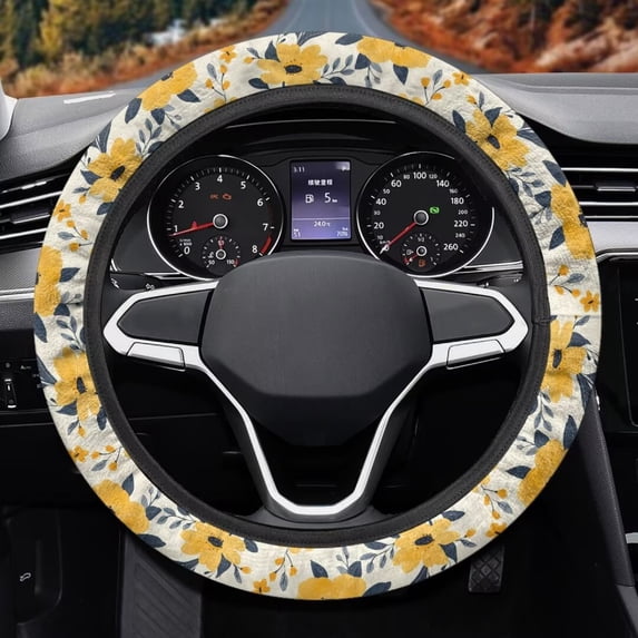 Uorisanigo Hibiscu Car Steering Wheel Protector Yellow Fuzzy Steering Wheel Cover for Winter Easy to Install Steering Wheel Cover for Most Vehicle Breathable Car Accessories Gift for Birthday