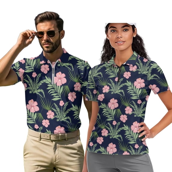 Uorisanigo Hibiscus Couple Matching Outfit His and Hers Clothing Mens Golf Shirts Short Sleeve Quick Dry Casual Collared Athletic Tops and Women's Golf Shirts 1/4 Zip Up Tops