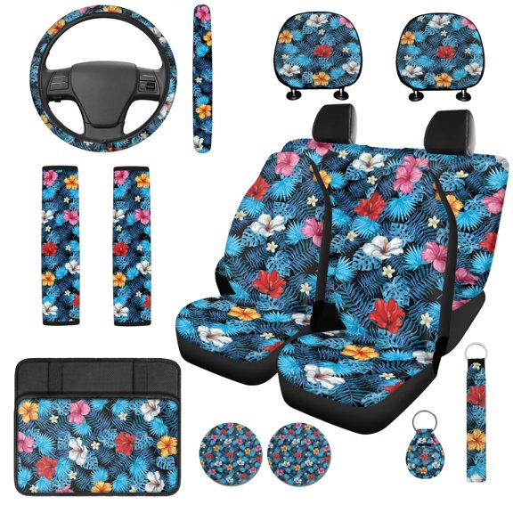 Uorisanigo Hibiscus Print 14 Pieces Car Seat Covers Cars Headrest Cover and Seat Belt Pads Auto Steering Wheel Cover Auto Console Cover Keychain Comfortable Auto Interior Fit Most Cars SUVs