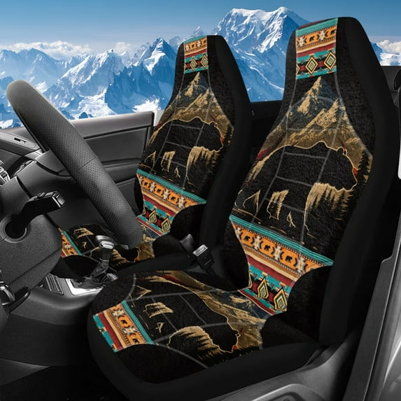 Uorisanigo High-Back Automotive Seat Covers, 2 PCS Mountain Bear Aztec Front Seat Covers, Auto Interior Accessories Cushions, Not Airbag Compatible, Universal Fit for Most Cars