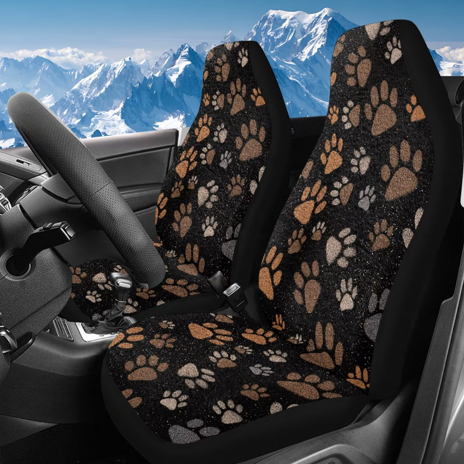 Uorisanigo High Back Front Car Seat Covers Flurry 2-Pack Brown Dog Paws Bucket Seat Covers Universal Fit for Cars Trucks and SUVs, Soft Plush Coral Velvet Fabric