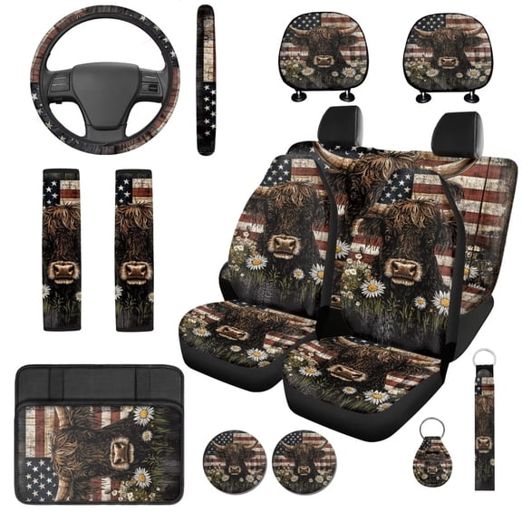Uorisanigo Highland Cow 14 Pieces Automobile Seat Cover Sets Steering Wheel Cover Car Headrest Cover Center Console Cover Cars Seat Belt Pad Cover Wristlet Keychain Comfortable for Car,Suv