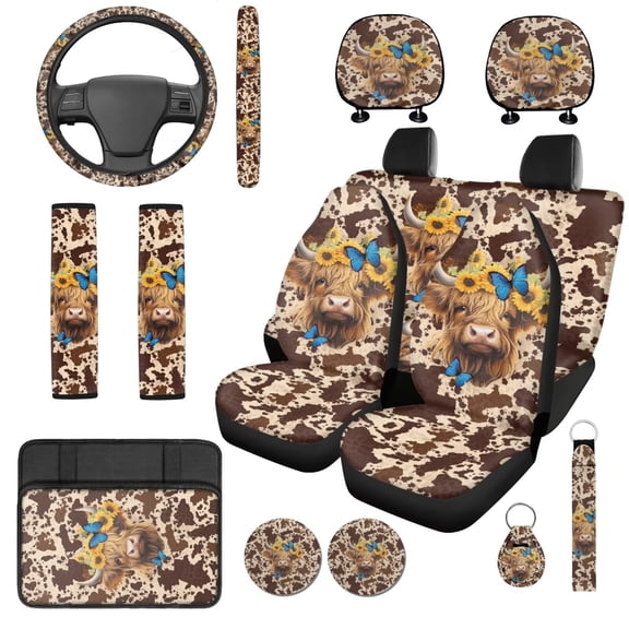 Uorisanigo Highland Cow 14 Pieces Car Seat Covers Sets with Car Steering Wheel Cover Seat Belt Pads Cars Headrest Cover Auto Console Cover Keychain Comfortable Elastic Universal Fit Cars SUVs