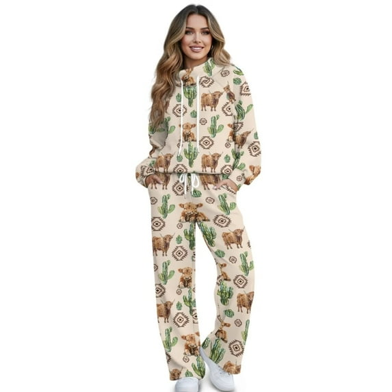 Uorisanigo Highland Cow Cactus Women's 2 PCS Outfits Casual Mock Neck Sweatshirt and Wide Leg Pants Tracksuit Sets Oversized Drawstring Pullover Hoodies and Sports Pants Matching Set for Teen Girls