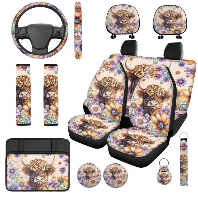 Uorisanigo Highland Cow Flower Car Seat Covers Full Set 14 Pcs Auto Steering Wheel Cover and Cars Headrest Cover and Console Cover Cars Seat Belt Cover Keychain Personalized Soft for Car SUV