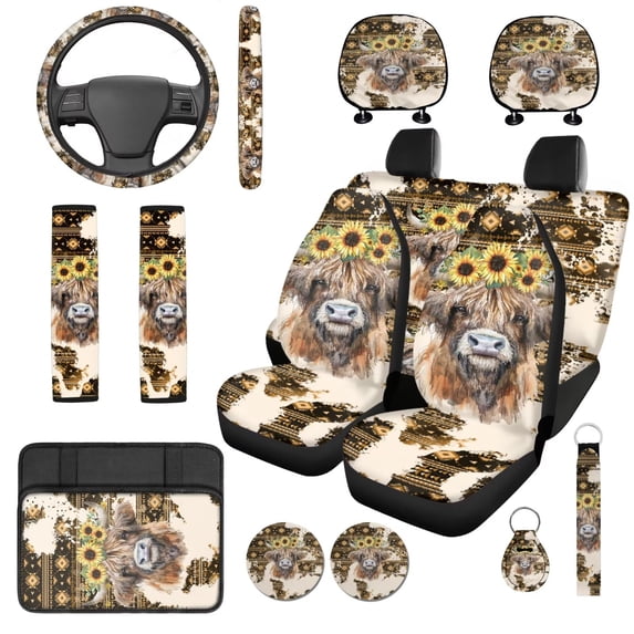 Uorisanigo Highland Cow Sunflower Auto Accessories Set 14 Pcs with Cars Seat Covers and Steering Wheel Cover Seat Belt Pads Armrest Cover and Water Cup Pad Soft Universal Fit for Car SUV