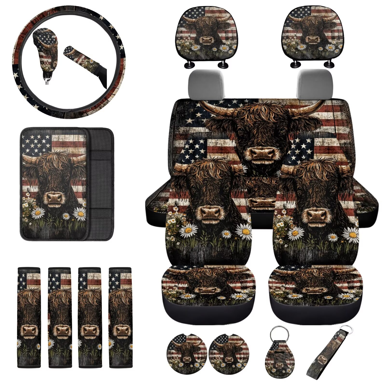 Uorisanigo Highland Cow US Flag Car Seat Covers Full Set 18 Pack Steering Wheel Cover+Seatbelt Pads+Center Console Pad+Headrest +Shift Knob & Handbrake Cover+Coasters+Keychain Keyrings
