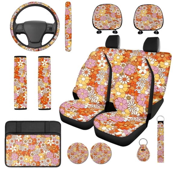Uorisanigo Hippie Flower 14 Pieces Automobile Seat Covers Full Set with Cars Headrest Cover and Steering Wheel Cover Elastic Anti-slip Car Armrest Cover Seat Belt Pads Universal Fit Car SUV