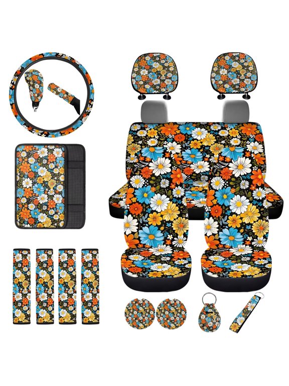 Hippie Flower Auto Seat Cover Full Set 18 PCS with Safety Seat Belt Pads+Steering Cover+Armrest Cushion+Headrest Covers+Shift Knob & Handbrake Covers+Car Coaster+Keychain